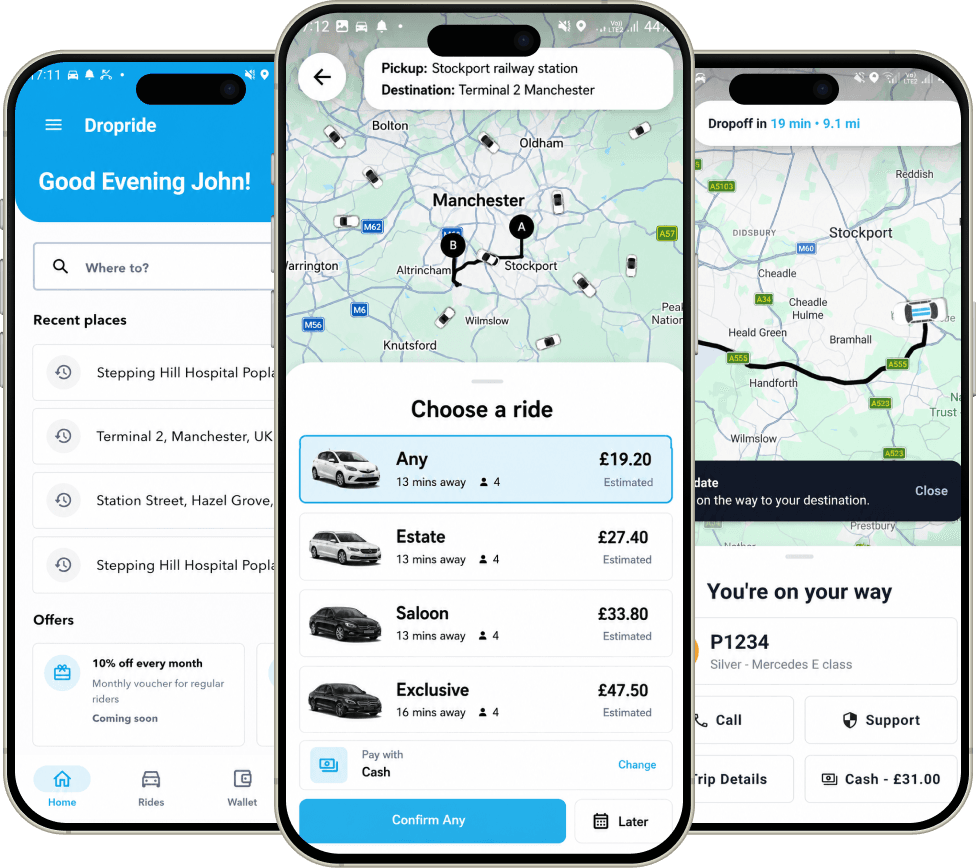 Drop Online ride-hailing app booking screens